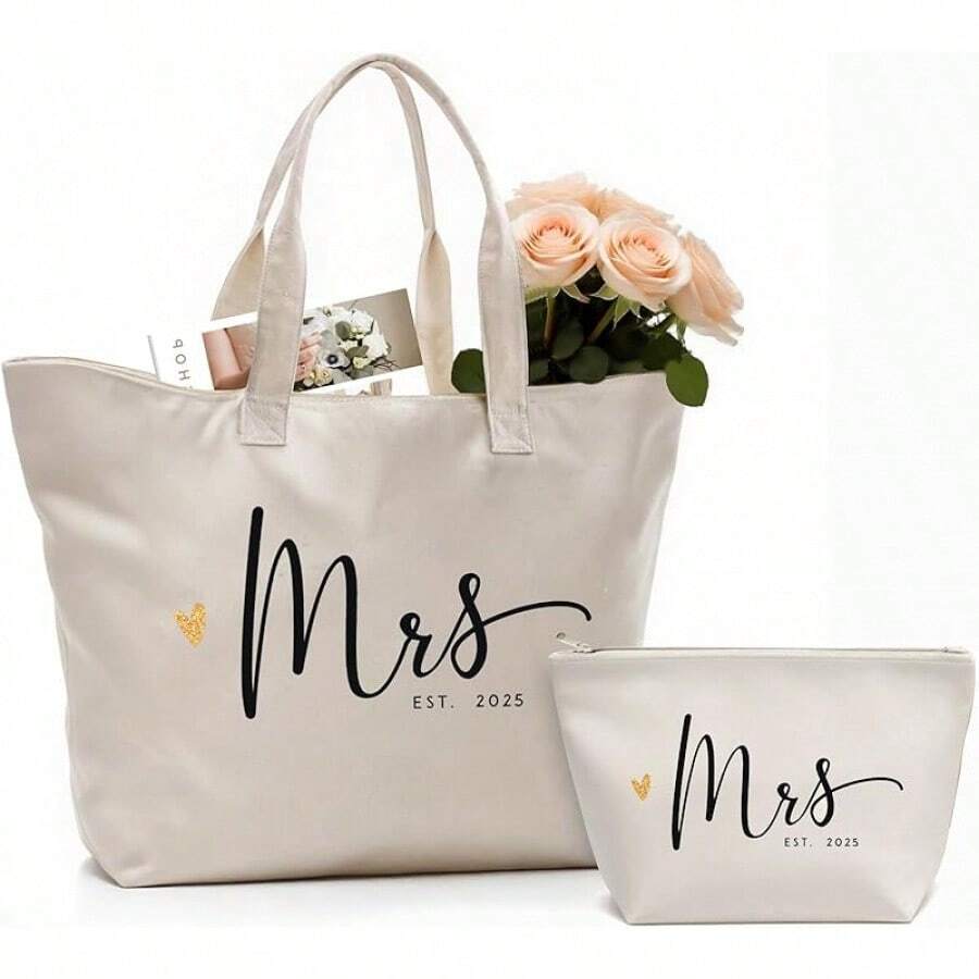 2025 Future Mrs Bride Gifts For Wedding Engagement Bachelorette Party Honeymoon Bridal Shower Gifts For Bride To Be Tote Canvas Cotton Beach Shoulder Bag With Zipper And PocketHalloween Christmas New Year - 2025夫人包套裝 - 查看 1
