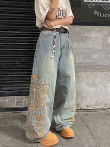 1 chiếc quần jeans ống rộng dáng suông rách rưới, thêu họa tiết phong cách đường phố Mỹ dành cho nam (Sản phẩm không bao gồm thắt lưng và phụ kiện) - Màu xanh lam - Xem 6