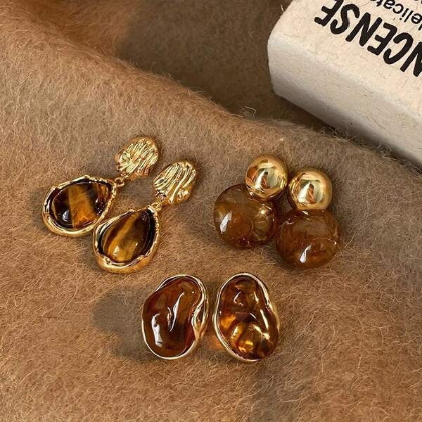 [Boucles d'oreilles vintage] 3 paires de boucles d'oreilles vintage élégantes pour femmes Résine de couleur ambre incrustée de métal doré - parfait pour le port quotidien, les fêtes et les danses, design polyvalent pour toutes les saisons