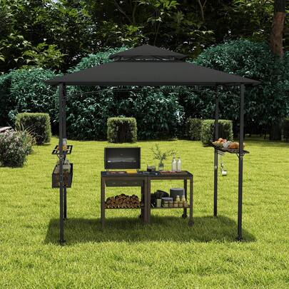 Barbecue Gazebo With Double Roof, Dimensions: 245 X 153 X 250 Cm, Water-Repellent And Fire-Retardant, With Storage Basket, Suitable For Garden/Parties/Barbecues, Black/Beige