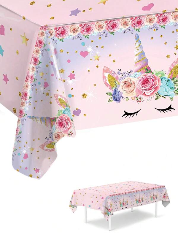 1pc 130*220cm Pink Unicorn Pattern Disposable Tablecloth, Tablecloth, Baby Shower Gender Reveal Party Birthday Party Table Decor, Home Decor, Birthday Decor, Outdoor Picnic Decor