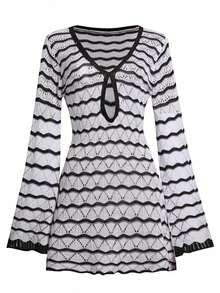 Women's Long Sleeve Color Block Striped Knit Dress, Beach Resort Style, Summer - Black - View 3
