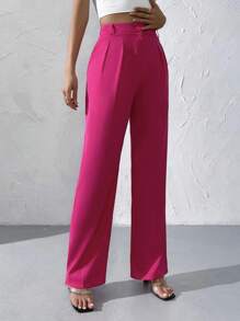 Women Dress Pants Solid Color High Rise Wide Leg Suit Pants With Pockets Long Trousers For Daily Office Party - Hot Pink - View 5