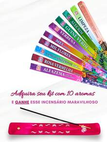 Kit Incenso Indiano 10 Aromas Energeticos limpeza Proteçao Espiritual Prosperidade Amor + Incensario - Multicolorido - Visão 9