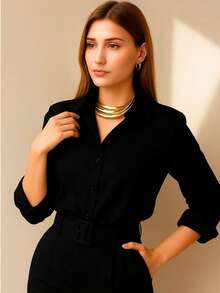 Fiminina Long Sleeve Plain Dress Shirt With Buttons On The Front Simple Buttons On The Front Button - 黑色 - 查看 2