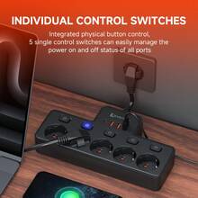 欧规带开关壁装插座，5AC 4USB（1Type-C）接口，最大2500W，适用于家庭、卧室、办公室、客厅等 - 查看 4