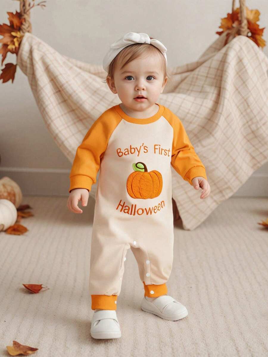 Mono informal de Halloween para bebé, con bordado de letras de calabaza, manga larga, cuello redondo y largo completo - Naranja - Ver 1