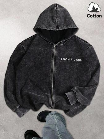 Autumn And Winter "I DON'T CARE" Pattern Men's Hooded Sweatshirt Top, Slightly Elastic Fit, Washed And Distressed, Cotton Black Long-Sleeved Zipper Sweatshirt, Outdoor Daily Casual Jacket