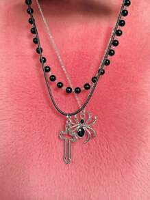 3 件套复古哥特式黑色仿珍珠和水钻装饰蜘蛛和十字架项链首饰套装女士首饰 - 銀色 - 查看 2
