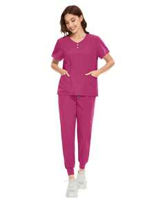 Women's Fashion Uniform Set, Includes Surgical Gown And Sweatpants, Suitable For Doctors, Nurses, And Spa Services - Hot Pink - View 7