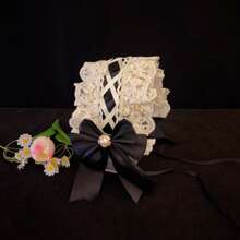 1pc Lolita Style Girl Faux Pearl Bow Lace Headband + Cute Countryside Themed Headpiece Ribbon Maid Headdress, Suits 2D Lolita Halloween