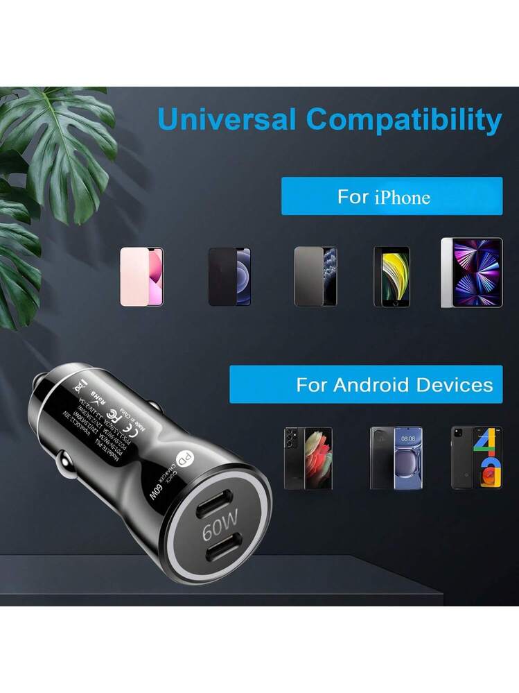 FUHAYA Caricabatterie Auto Rapido 60W Con 2 Porte USB-C E 2 Cavi Certificati MFi Per IPhone 15 E Galaxy | Doppio PD 3.0
