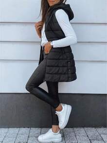 Elegant Women's Thickened Warm Hooded Vest - Solid Color, Long Sleeve, All Season Jacket, Fashionable Streetwear, All Season Coat, Chic Streetwear, Outerwear, Solid Color Zipper Pocket With Drawstring - Black - View 1