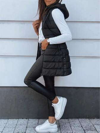 Elegant Women's Thickened Warm Hooded Vest - Solid Color, Long Sleeve, All Season Jacket, Fashionable Streetwear, All Season Coat, Chic Streetwear, Outerwear, Solid Color Zipper Pocket With Drawstring