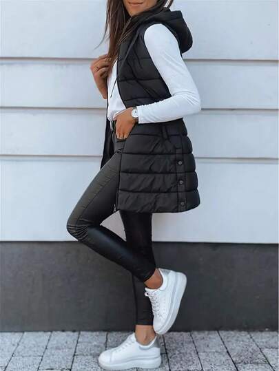 Elegant Women's Thickened Warm Hooded Vest - Solid Color, Long Sleeve, All Season Jacket, Fashionable Streetwear, All Season Coat, Chic Streetwear, Outerwear, Solid Color Zipper Pocket With Drawstring