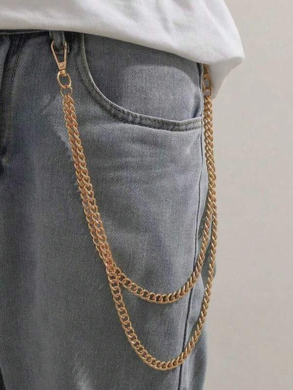 1pc Men's Simple Gold Double Layer Chain, Punk Casual Versatile Jeans Chain, Personalized Accessory For Holiday Party And Teenagers