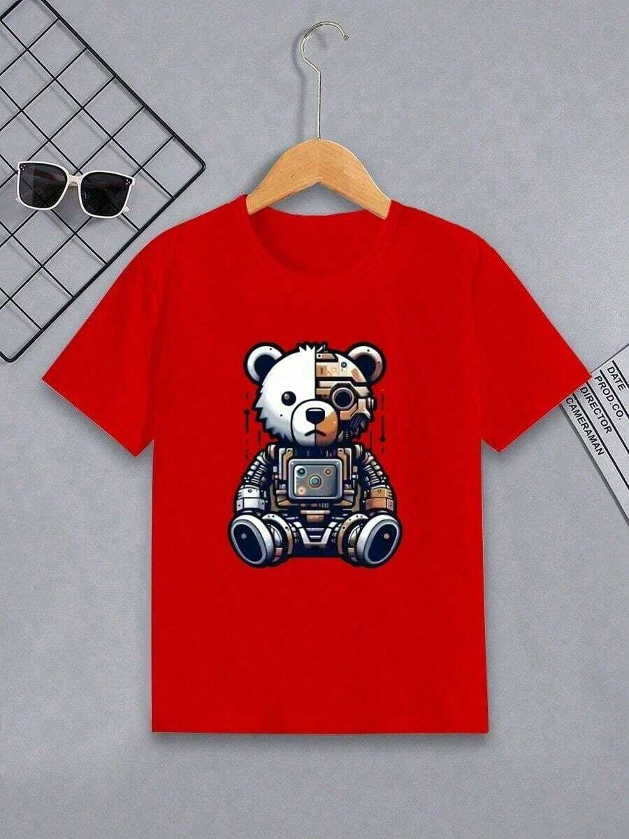 Children's T-Shirt With Robo Bear Print In Cotton For Boys Or Girls