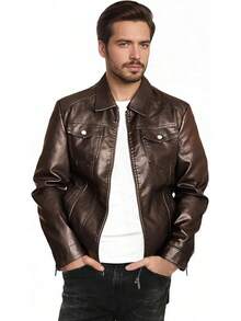 Mens Leather Jacket Motorcycle Black Biker Jackets Vintage Faux Leather Outwear Casual Lightweighthalloween - 棕色 - 查看 7