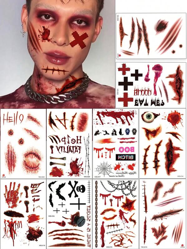 10 قطع وشم مؤقت لهالوين، ندبات واقعية، صليب مدمي، عين، تصاميم شبكة عنكبوت للحفلات، جرح وجه قناع ندبة وشم صناعي