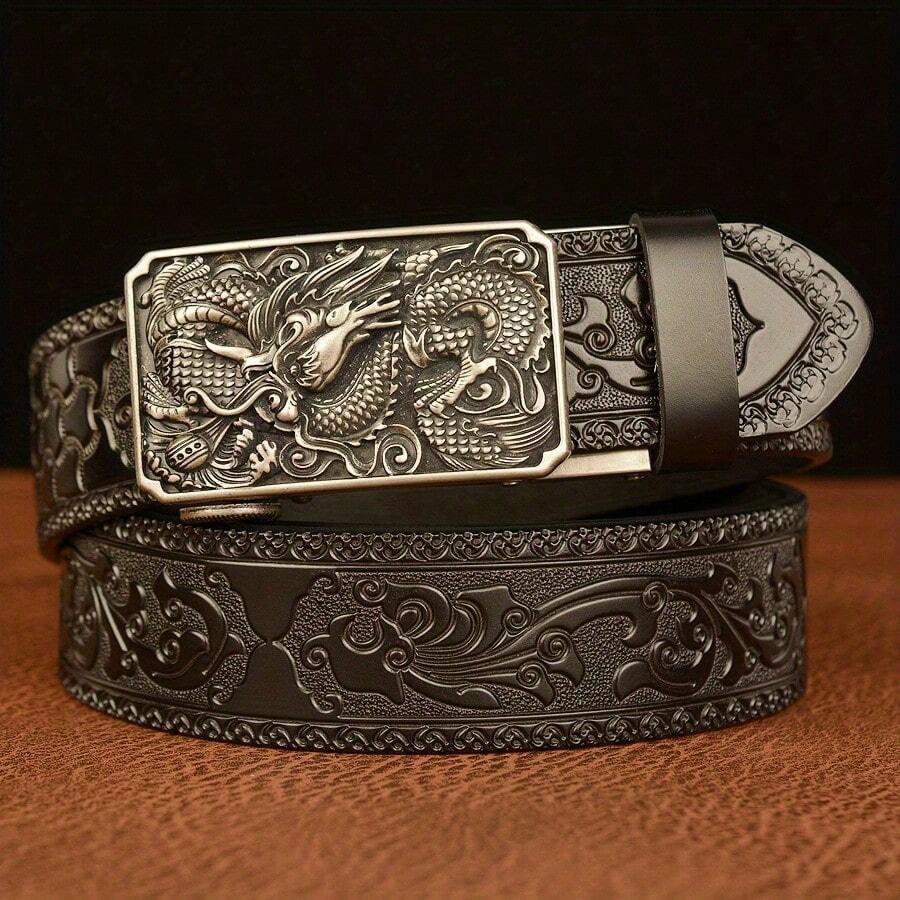 Western Cowboy Genuine Leather Belt Animal Print Belt - Men For Women Fashion Retro Waist Strap Decoration Floral Engraved For Jeans Belt,With Automatic Buckle Perfect Accessory For Business And Casual Accasions - 黑色銀色 - 查看 1