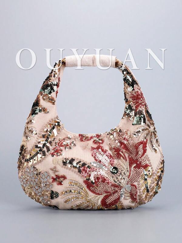 Nuevo bolso de mujer en forma de media luna bordado con lino y lentejuelas, bolso de mano con flores de lentejuelas exquisitas de moda, bolso de embrague con lentejuelas de moda simple, bolso de cena con brillo, adecuado para fiestas, bodas, regalos, cruceros, citas, vacaciones. (Patrón aleatorio)