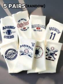 5 Pairs Of Random Men's Letter Stripe Pattern, Simple Street Fashion Retro Soft And Comfortable Casual Socks, Suitable For Home Leisure Or Outdoor Sports Wear, Fall Socks