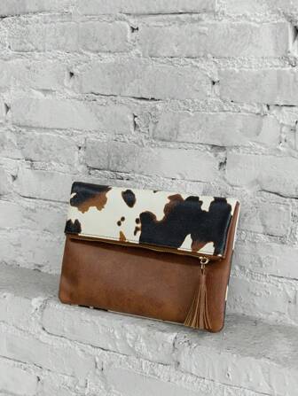 Texas Cow Purse Envelope Purse Can Be Carried On Shoulder Or Crossbody Zipper Pocket Chain Bag Cow Print Clutch