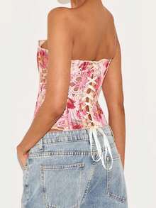 Women Y2k Lace Tube Top Sheer Mesh Strapless Bandeau Top Aesthetic Backless Shirts Going Out Streetwear Women 's Y2K Floral Print Strapless Tube Top Off Shoulder Backless Bandeau Tank Aesthetic Crop Corset Top - 粉色 - 查看 6