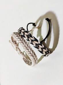 2pcs Men's Fashionable Retro Simple Versatile Braided Bracelet - Black and White - View 5