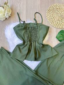 Luis Twill Two-Piece Casual Summer Set / With Padded Top And Wide-Leg Pants SP043 - 軍綠色 - 查看 3
