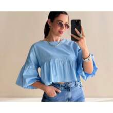 Women's Cropped Wide Ruffled Blouse - Azul - Ver 1