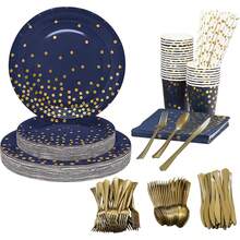Juego de cubiertos desechables de 160 piezas para 20 invitados, juego de cubiertos de azul y dorado que incluye plato de cena, plato de ensalada, servilleta, taza, cuchillo, tenedor y cuchara para de cumpleaños o boda - 1 - Ver 1
