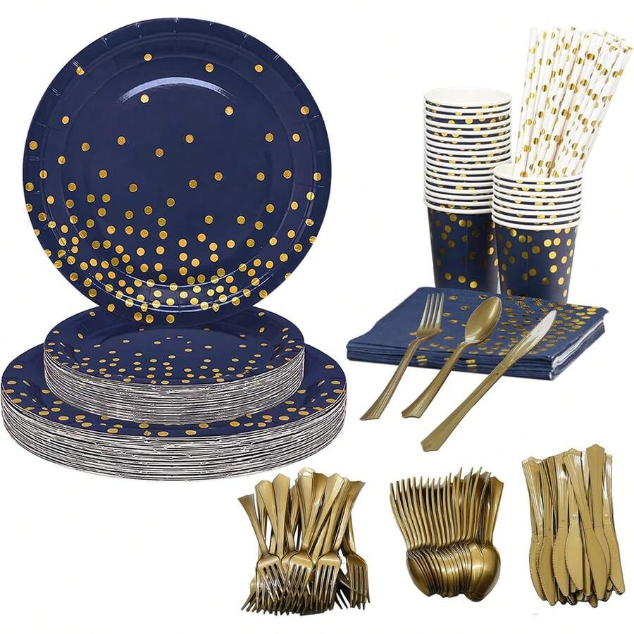 Juego de cubiertos desechables de 160 piezas para 20 invitados, juego de cubiertos de azul y dorado que incluye plato de cena, plato de ensalada, servilleta, taza, cuchillo, tenedor y cuchara para de cumpleaños o boda - 1 - Ver 1