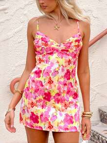 Women Floral Pop Mini Dress Summer Sleeveless Spaghetti Strap Sundress Boho V-Neck Bodycon Dress Party Dresses For Vacation Beach Cocktail Streetwear - Màu Hồng Tươi - Xem 7
