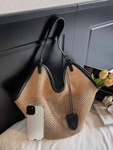 新款时尚大容量编织包，小众设计高品质女士单肩包，休闲日常度假沙滩包，简约百搭工作通勤手提包 - 米色 - 查看 5
