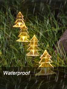 1 Pack Of 5 Solar Powered LED Christmas Tree Path Lights - Warm White, 5-Pointed Star/Snowflake Design, Outdoor Waterproof Holiday Decor, Auto Solar Charging During Day, Auto Lighting At Night, Ground Lighting, Easy Installation, No Wires Needed, Ideal For Winter Parties, Home, Pathways, Gardens, Walkways, Patios, Planters, Sidewalks, Christmas, Holidays, New Year, And Lawn Ambiance Lighting