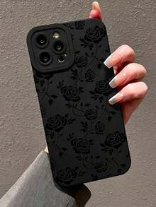 Flower 1pc Black Matte Edge Phone Case With Floral Pattern, Personalized Design, Compatible With Apple 16 Pro Max, 15, 14 Plus, 13, 12, 11 And Series Waterproof Shockproof Anti-Fall Scratch Resistant - 黑色 - 查看 1