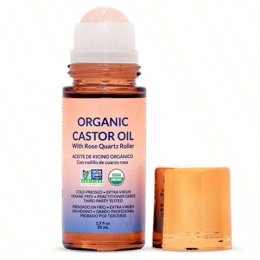 Organic Gold Castor Oil Roll-On With Rose Quartz | 100% Natural, Less Mess Castor Oil Pack For Skin, Eyebrows, Eyelashes And Hair | Hexane Free | Cold Pressed [50 Ml (1.7 Oz)]