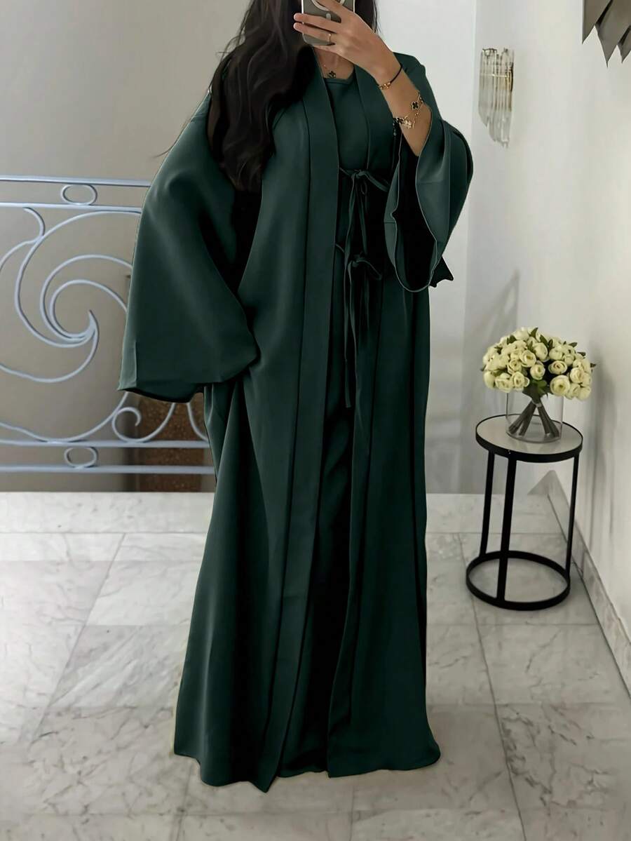 2pcs Set Elegant Abayas, Long Cardigan Jacket & Dress, Graceful Outfit - Dark Green - View 1
