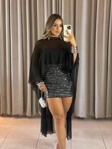 Tulle Blouse With Transparent Cape - Black - View 1