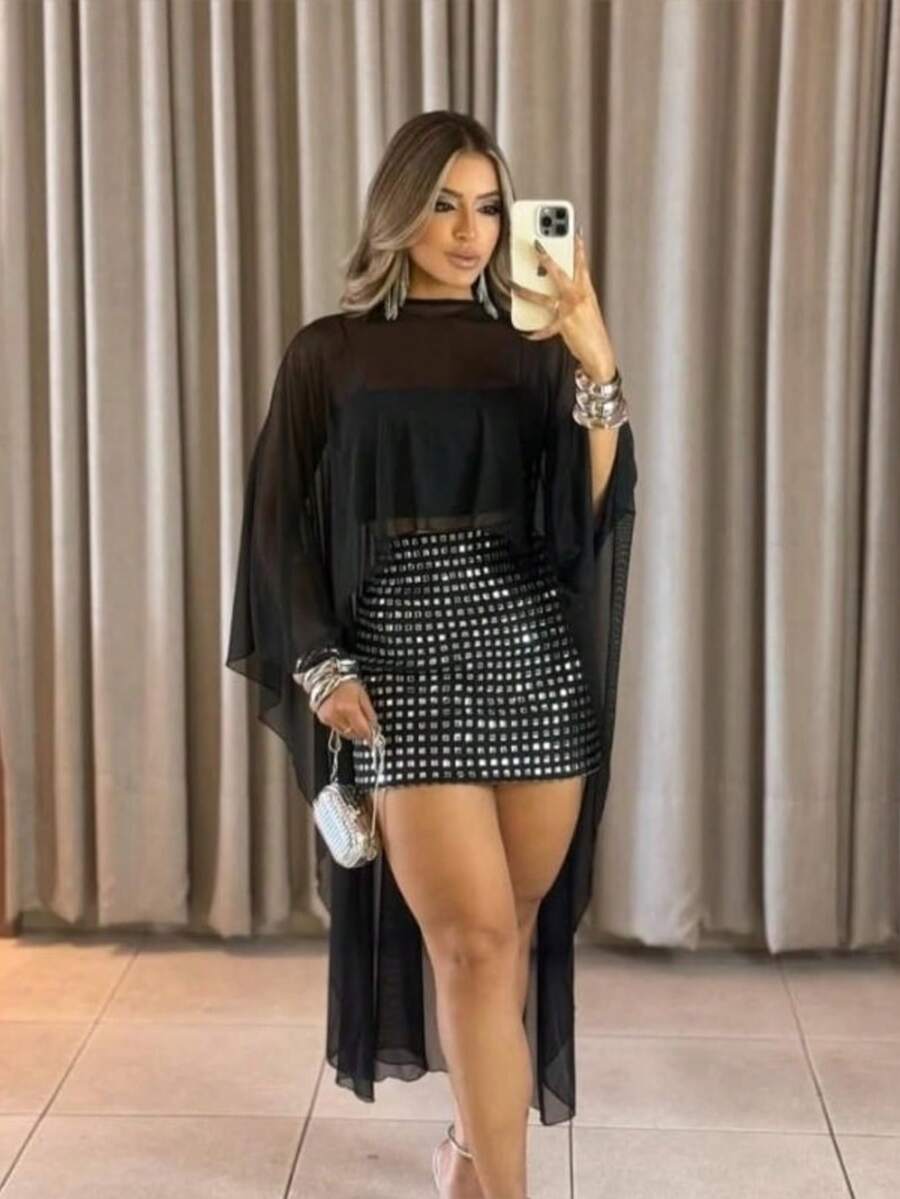 Tulle Blouse With Transparent Cape - Black - View 1