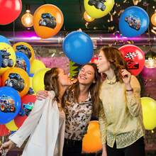 Ramo de globos de látex con estampado de camión colorido de 12 pulgadas en rojo, amarillo, azul y naranja, adecuado para fiestas de camiones monstruo para niños, baby shower, boda y suministros para fiestas de cumpleaños