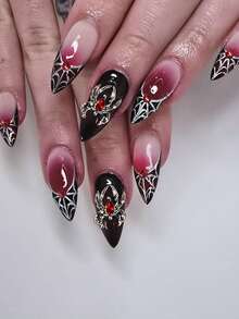 24Pcs Halloween Nail Almond-Shaped Black And Red Gradient Spider Web, Red Spider Accessory Decorative Luster Full Coverage Press False Nail, Suitable For Women'S Holiday Party Nail Art Decoration Press On Nails Nail Supplies Nails - Multicolor - View 1