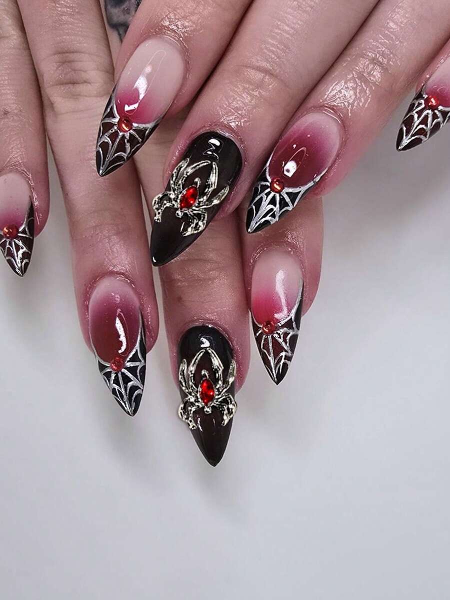 24Pcs Halloween Nail Almond-Shaped Black And Red Gradient Spider Web, Red Spider Accessory Decorative Luster Full Coverage Press False Nail, Suitable For Women'S Holiday Party Nail Art Decoration Press On Nails Nail Supplies Nails - Multicolor - View 1