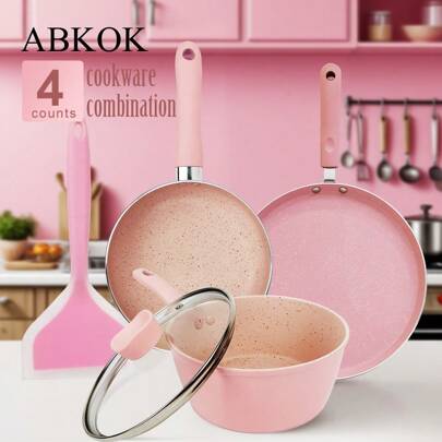 ABKOK 1pc/2pcs/3pcs/5pcs Mini Pink Aluminum Cookware Set, Non-Stick Frying Pan, Saucepan, Pancake Pan, Milk Pot With Silicone Spatula, Cute & Compact, Requires Assembly, Available As Single Pot Or Set