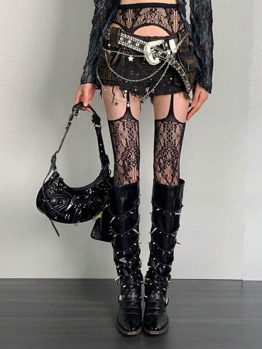 1 chiếc quần tất lưới Jacquard cổ điển màu đen, phong cách Rockstar Y2K Niche Punk - màu đen - Xem 1