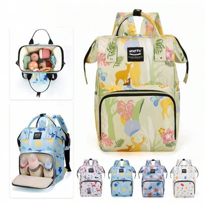 Diaper Bag Backpack, Baby Essentials Travel Tote Bag With Insulated Pockets, Fashionable Printed Design