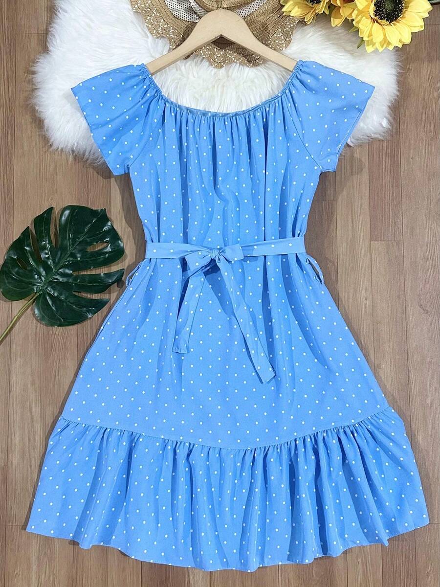 Floral Polka Dots With Belt Ruffle Hem Beach Women's Fashion - Baby Blue - View 1