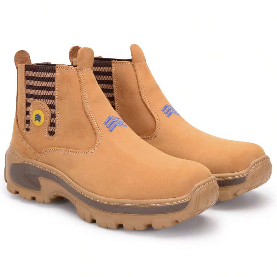 Botina Palmilha Gel Bota Couro Nobuck Solado PU Leve e Confortavel - Amarelo mostarda - Visão 1