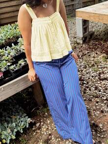 Women Summer Lace Trim Tank Top Casual Sleeveless Button Down Vest Top Loose Babydoll Blouse - 黃色 - 查看 4